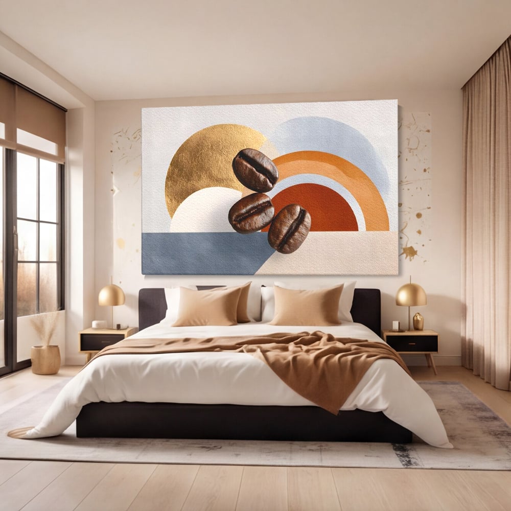 Tablou canvas cu tablou canvas cu boabe de cafea si forme geometrice, fara rama, pe sasiu de lemn, pe perete intr-un dormitor